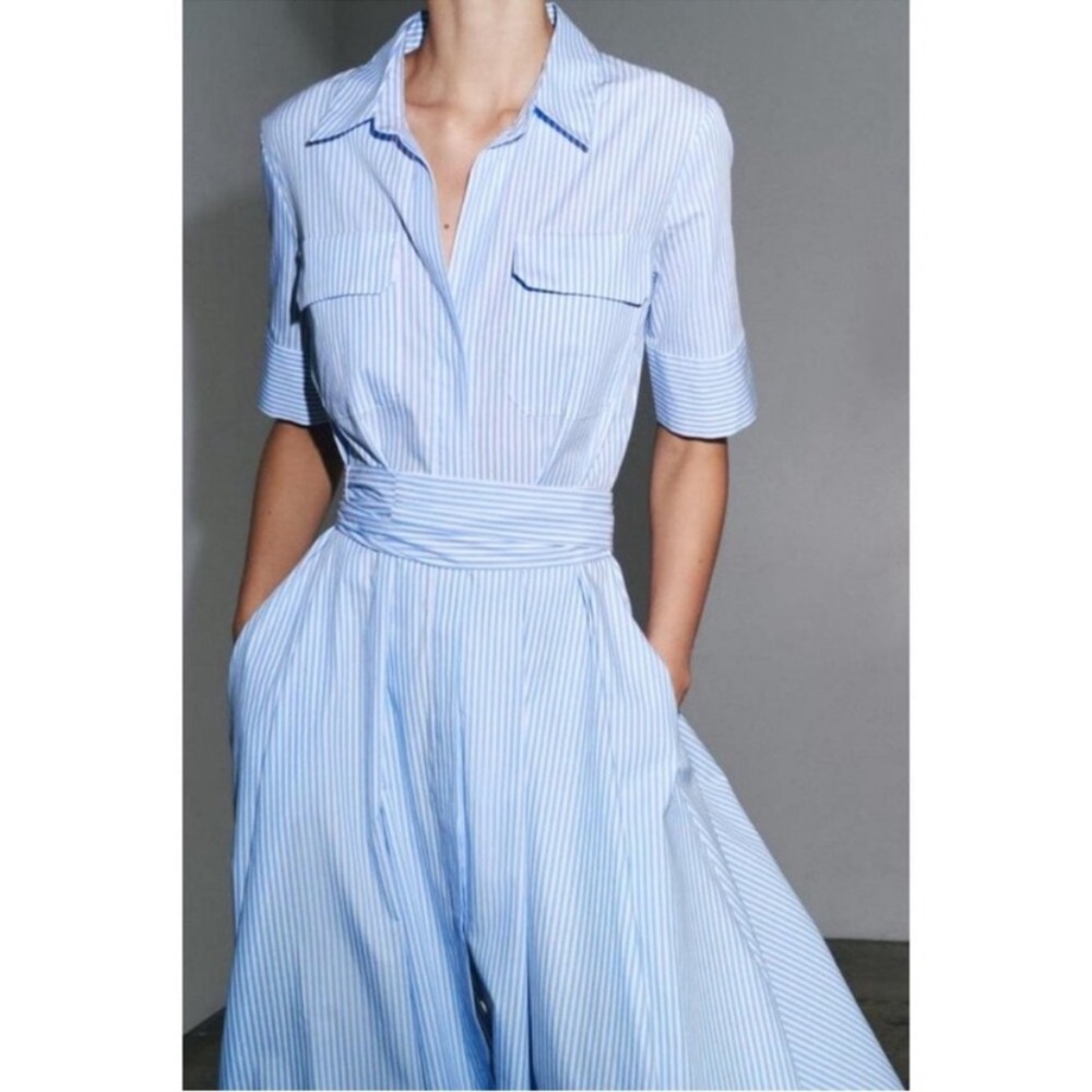 Zara Poplin Shirt Dress ZW Collection Striped Blue Small